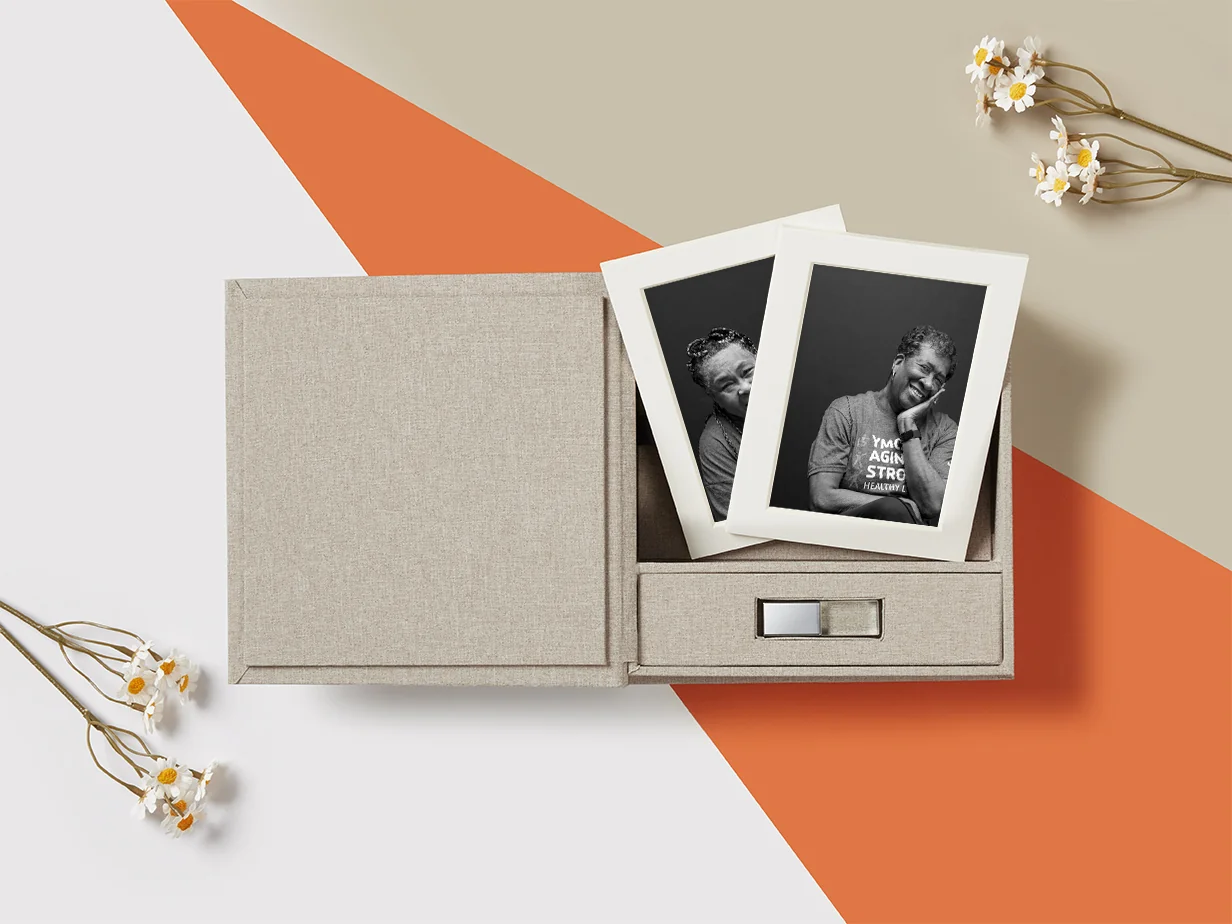digital mockup of matted prints in folio box