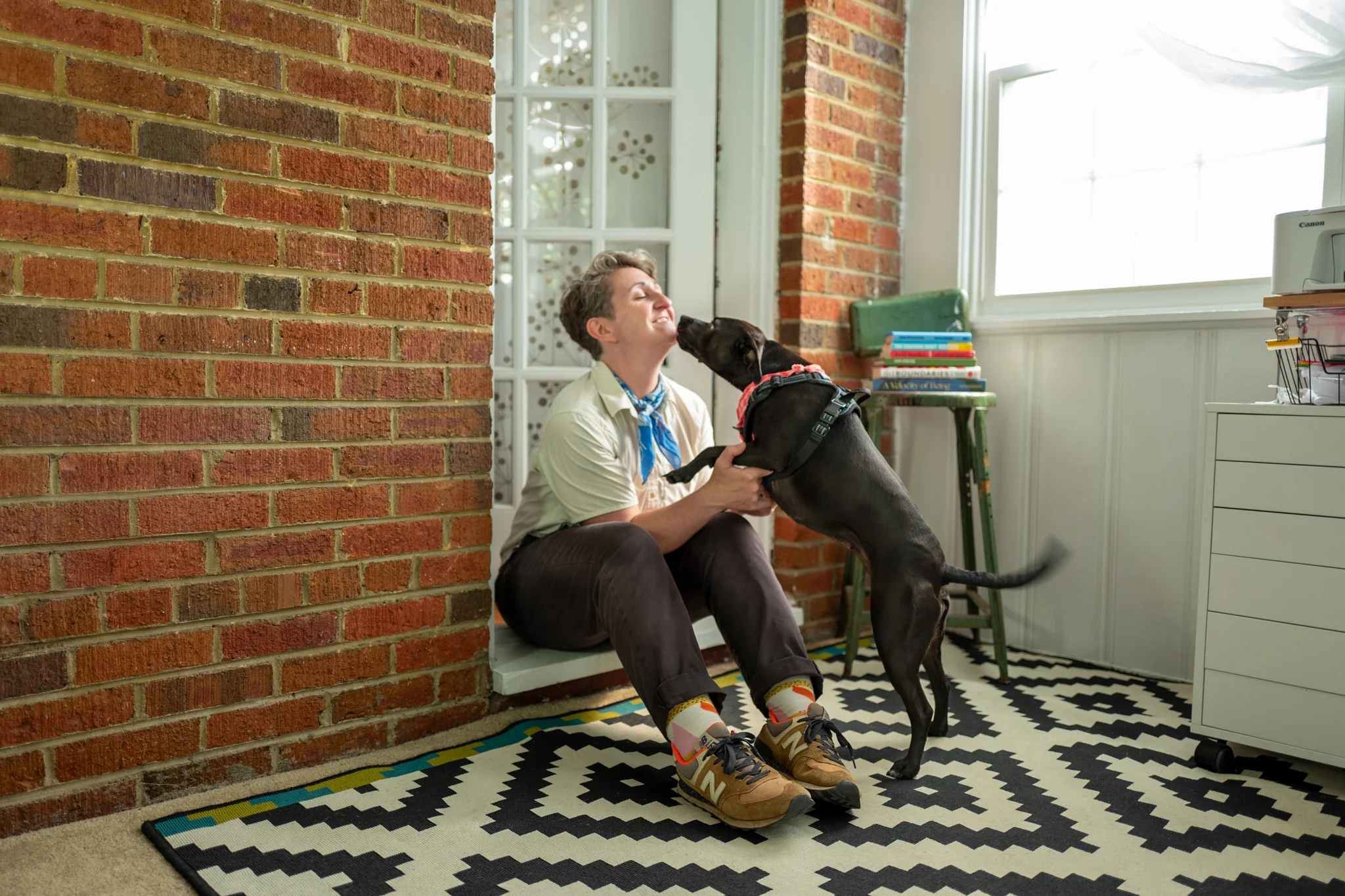 a brown pet dog kisses her owner while she's on a stoop full color brand photo